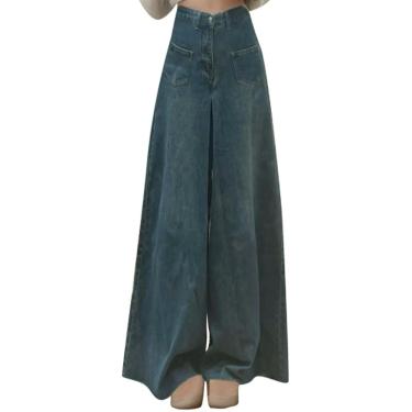 Imagem de Jeans feminino primavera no verão de borda larga de perna larga jeans moda alta cintura solta saia jeans larga de jeans, azul, l