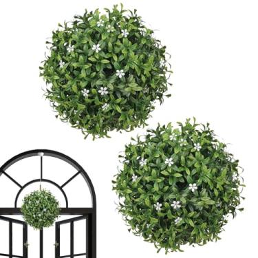 Imagem de Bola De Topiária De Planta Artificial - Bolas de Topiaria de Buxo Florido - 2 Peças Resistente Aos Raios UV Penduráveis Ornamentos De Decoração Para Jardim, Terraço, Varanda E Pátio