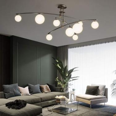 Imagem de Lustre Dourado 6 Luzes Moderno Sputnik Mid Century Pingente Luminária De Vidro Fosco Globo De Luz De Teto Para Cozinha Sala De Jantar Sala De Estar, Bronze, 9 Lights