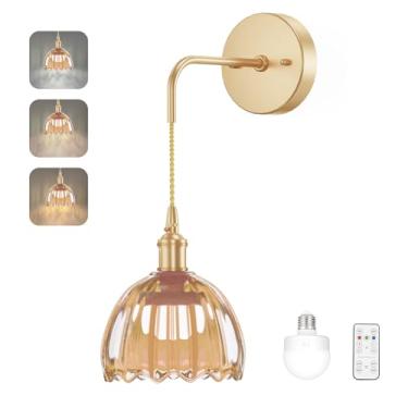 Imagem de Kavedod Arandelas de parede operadas por bateria CCT arandelas reguláveis sem fio, luminária vintage com abajur de vidro tulipa decoração de parede para sala de estar quarto cabeceira 1 peça âmbar