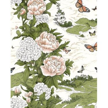 Imagem de XRUIBZI Papel de parede floral bege vintage boho folha contato papel de parede borboleta flor mural de parede vinil impermeável autoadesivo removível para locatário papel de parede amigável 44,5 cm x