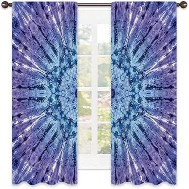 Imagem de Cortina isolada Tie Dye Shading, motivo mandala circular original centralizada vibrante imagem de movimento de cor espectral, para sala de estar ou quarto, L 106 x C 211 cm roxo azul