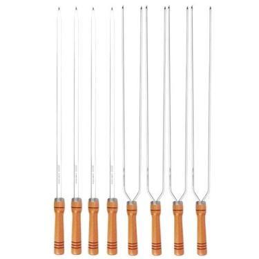 Imagem de Kit 8 Espetos 70Cm Preparo Churrasco Cabo Madeira Alumínio - MOR