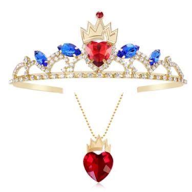Imagem de Botrinal Colar de coração vermelho real Evie e tiara de princesa dourada coroa descendentes conjunto de joias rainha de copas, bijuteria de fantasia para Halloween, Metal, rhineestones