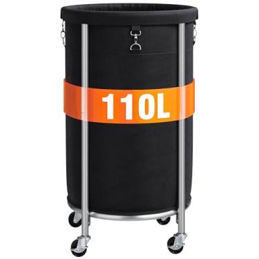 Imagem de ELYKEN Cesto de roupa suja com rodas, cesto de roupa suja de 110 L, carrinho de lavanderia redondo com moldura de aço e bolsa removível, 4 rodízios e 2 freios, cesto de roupas sujas para hotel, casa,