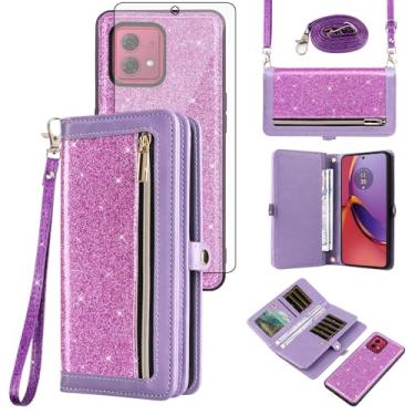 Imagem de Asuwish Capa de celular para Motorola Moto G84 5G Carteira com zíper destacável com protetor de tela de vidro temperado, alça transversal com cordão com glitter, compartimento para cartão G 84 2023