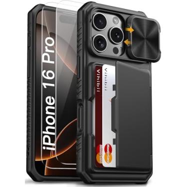 Imagem de Vihibii Capa para iPhone 16 Pro com [2x protetor de tela], suporte de cartão integrado (4 cartões), [bloqueio RFID] e capa de câmera deslizante e películas de vidro temperado, capa carteira robusta