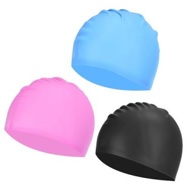 Imagem de YELARXI Touca de natação de silicone à prova d'água, confortável, antiderrapante, adequada para mulheres e homens, cabelos longos e curtos (3 peças preto/rosa/azul claro)