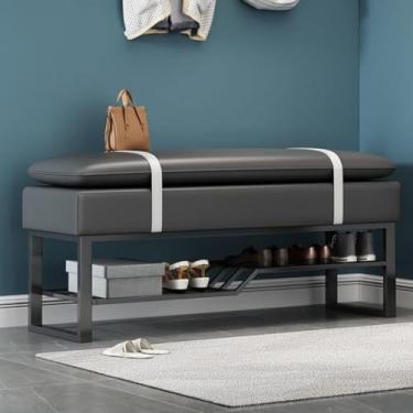 Imagem de Otomano, Banco De Sapatos De Metal Com Assento Falso Pu, Banco De Armazenamento De Sapatos Estofado Moderno Com Sapateira, Banco De Quarto Banco De Entrada De Acento De Fim De Cam, D, 100 * 34 * 46CM