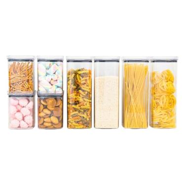 Imagem de Kit 8 Potes Herméticos Acrílico Quadrado Empilháveis, Tampa de Vedação Silicone, Porta Alimentos e Mantimentos, Armário Cozinha Despensa