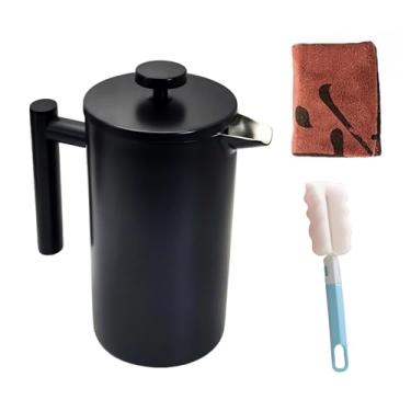 Imagem de YJX Cafeteira de 1 litro, prensa francesa de aço inoxidável, cafeteira de acampamento de 1 litro, máquina de chá, prensas de café de viagem de 1000 ml, isolamento duplo resistente ao calor (preto)