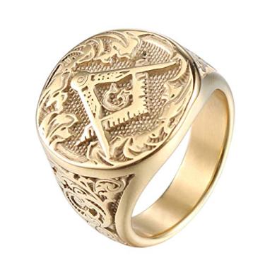 Imagem de ANIEJUFI Anel maçônico masculino banhado a ouro de aço inoxidável maçônico vintage Mason Signet Rings, Metal, Sem pedra preciosa