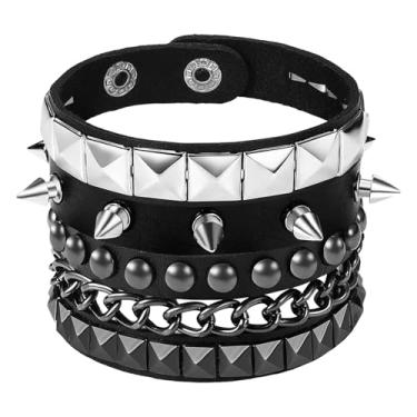 Imagem de Pulseiras punk cravadas para homens e mulheres: 3 peças ajustáveis góticas cravejadas pulseira de couro para concerto de rock de Halloween