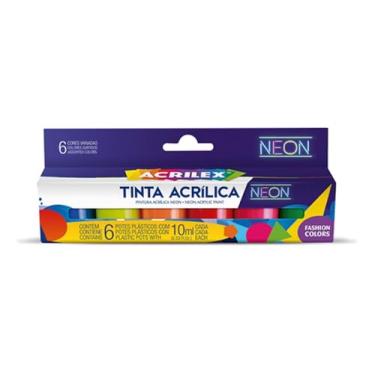 Imagem de 6 Potinhos Tinta Acrílica Neon Nature Colors Acrilex 10ml - Cores Variadas Amarelo, Azul, Laranja, Maravilha, Verde E Vermelho Tinta É Fluorescente Sob Luz Negra Indicada Para Uso Em Madeira, Papel, Cerâmica, Isopor, Couro, Gesso, Cortiça, Vidro E Pet, Esta Tinta Proporciona Excelente Cobertura, Sec