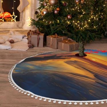 Imagem de Saia de árvore de Natal macia tapete de árvore de Natal de pelúcia 91 cm com acabamento de pompom azul anoitecer ouro pôr do sol saia de árvore de fazenda decoração de Natal saia de árvore de Natal