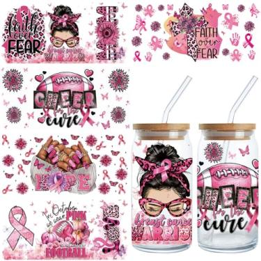 Imagem de Adesivos UV DTF de conscientização do câncer de mama - 5 folhas fita rosa Mom UV DTF Cup Wraps para 16 canecas de café de vidro de 590 ml, decalques de transferência de personalização, presente de