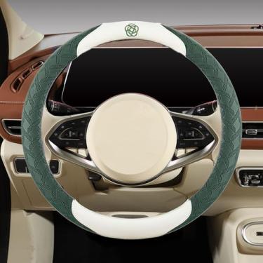 Imagem de Capas de volante de microfibra elástica para mulheres, ajuste universal, carro de 38 cm, linda flor de camélia, antiderrapante, respirável, absorvente (verde escuro)