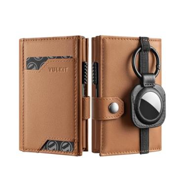 Imagem de VULKIT Carteira Airtag com chaveiro masculina pop-up para cartão de crédito com suporte para etiqueta de ar, janela para identidade, bloqueio RFID, Couro bovino marrom de grão superior