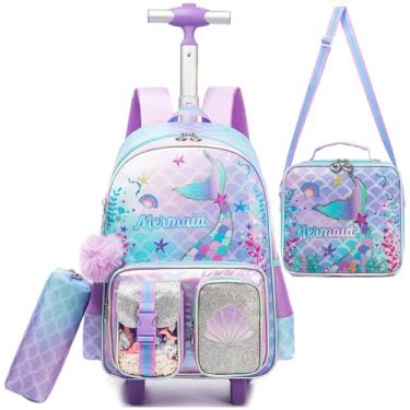 Imagem de Oruiji Mochila com rodinhas para meninas com rodas para escola leve sereia mochila com lancheira estojo lápis, Z - sereia roxa