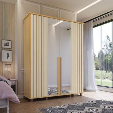 Imagem de Guarda Roupa Com Espelho Holanda Ripado Cinamomo/Off White - RV Móveis
