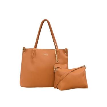 Imagem de Kit 3 Bolsas Femininas Caramelo com Alça Trançada – Tote, Transversal e Necessaire para Estilo e Organização Diária