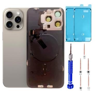 Imagem de ZMVDJZ Substituição de vidro traseiro 15 Pro Max com placa e cabo flexível e todas as peças para iPhone 15 Pro Max capa traseira de vidro (titânio natural, 6,7 polegadas) + fita impermeável +