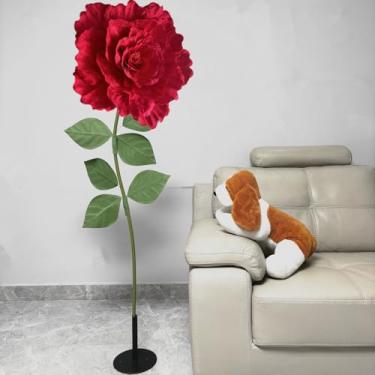 Imagem de YunPenger Rosa vermelha gigante com haste e base enormes flores artificiais jumbo adereços de flores grandes para decoração presente criativo para aniversário de casamento, aniversário, dia das mães