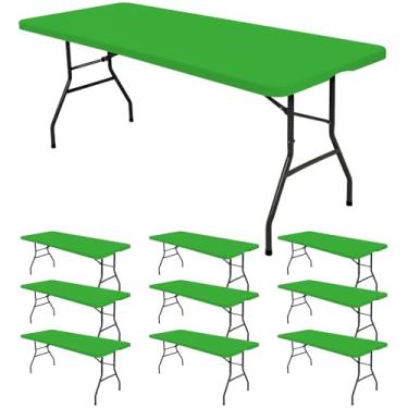 Imagem de Pacote com 10 toalhas de mesa ajustadas para mesas retangulares de 1,8 m, capa de mesa verde elástica para piquenique ao ar livre, toalhas de mesa dobráveis laváveis de 1,8 m para acampamento, festa