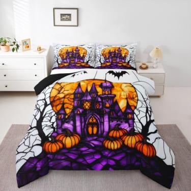 Imagem de Erosebridal Jogo de cama castelo gótico, solteiro, tema de terror de Halloween, para crianças, meninos e meninas, lanterna de abóbora, morcegos pretos com enchimento de edredom