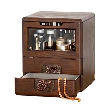 Imagem de Caixa organizadora de maquiagem de madeira maciça com tampa dobrável e espelho, organizadores de cuidados com a pele com gaveta, organizador de maquiagem à prova de poeira, estojo de exibição de