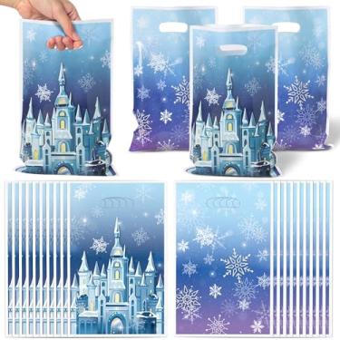Imagem de FVhujuan Sacos de lembrancinha de festa de inverno - 50 peças de sacos de presente de festa de flocos de neve de inverno azuis, sacolas de presente de princesa, decoração de festa temática de castelo