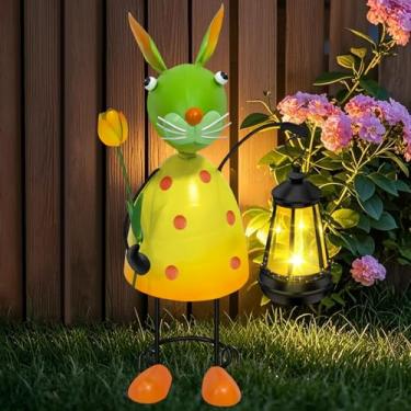 Imagem de Estátua de coelhos com luzes solares de jardim com lanterna solar, decoração de gramado de jardim, presentes de aniversário para mulheres, mãe, avó, presentes de jardinagem, estacas decorativas para