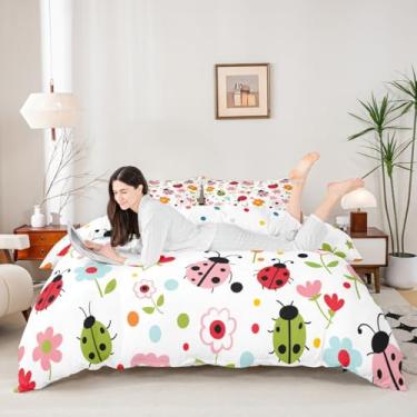 Imagem de Manfei Lindo conjunto de capa de edredom de joaninha, tamanho casal, conjunto de cama de flor em aquarela, 3 peças, capa de colcha floral de desenho joaninha, decoração de quarto de crianças, meninos