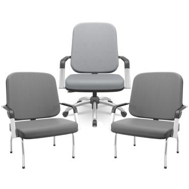 Imagem de Kit Cadeira De Escritório Giratória E 2 Cadeiras Fixas Cromada Magno P03 Vinil Cinza - Lyam Decor