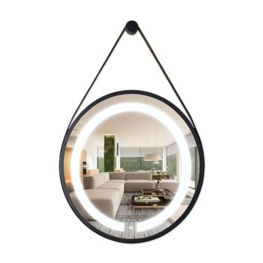 Imagem de Espelho Adnet Redondo Iluminado 60cm Borda, Preto com Alça Preta 6000K Led Frio