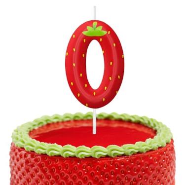 Imagem de Velas de aniversário de morango, decoração de topo de bolo de 6 cm, velas número 0, decorações de aniversário, decorações de bolo de festa de aniversário, suprimentos de festa