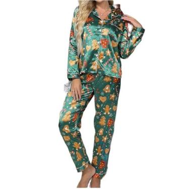 Imagem de Conjunto de pijama Juakoso com estampa de Natal em cetim para mulheres