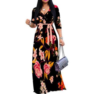 Imagem de Vestido maxi feminino PinkPatty com decote em V e manga 3/4 plus size 