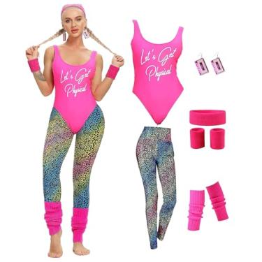 Imagem de MIAIULIA Conjunto de acessórios femininos dos anos 80, conjunto de acessórios collant neon legging faixa de cabeça conjunto de pulseiras, Let's Get Physical Pink, M