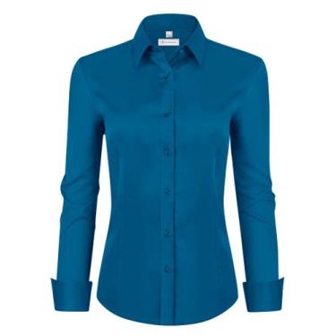 Imagem de Camisas femininas de botão siliteelon de manga comprida Indigo S