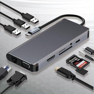 Imagem de Estação de ancoragem USB C, adaptador multiportas 10 em 1, Gigabit Ethernet, VGA, HDMI, 3 USB, leitor de cartão SD/TF, áudio, porta de dados, estação de ancoragem para vários notebooks