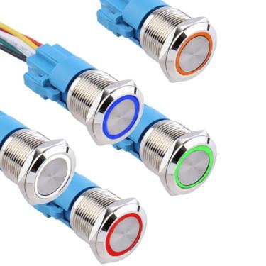 Imagem de DMWD 5 peças de interruptor de botão momentâneo metálico de 19 mm 12 V-24 V (ON)-Off 5 pinos 1NO 1NC Auto-Reset à prova d'água 9,5 mm orifício de montagem com anel halo de arnês LED 5 cores (azul