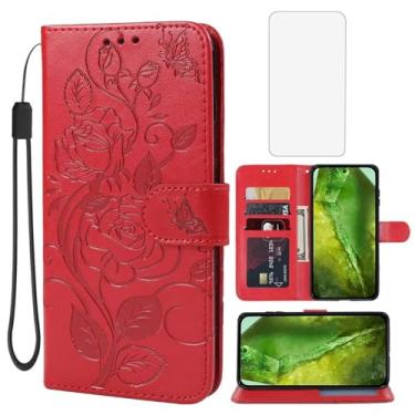 Imagem de Vavies Capa para Pixel 8A, capa carteira Google 8A com protetor de tela de vidro temperado, capa de telefone com suporte para cartão de crédito de couro floral para Google Pixel 8A vermelha