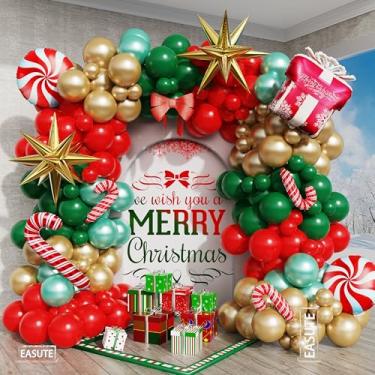 Imagem de Kit de arco de guirlanda de balão de Natal, 153 peças de balões de ouro verde vermelho caixa de presente balões de bengala de doces balões de estrela explosiva para festas de Natal, decoração interna