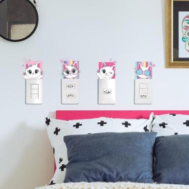 Imagem de Adesivo para Tomada Gatos 06 Fofinhos Corações e Borboletas Kit 4 para Interruptor e Tomada Decoração de Parede Quarto Sala Cozinha Fácil Aplicação