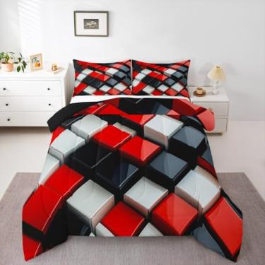 Imagem de Feelyou Conjunto de edredom geométrico estereoscópico para todas as estações, vermelho, preto e cinza, com 2 fronhas, microfibra geométrica 3D, roupa de cama de casal com cubo 3D, edredom respirável