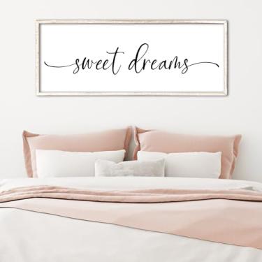 Imagem de RLWangChao Placa Sweet Dreams decoração de parede acima da cama 101,6 cm x 38,1 cm grande sobre a cama quarto principal quarto de hóspedes arte de parede emoldurada de madeira rústica grande (branco)