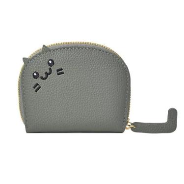 Imagem de Carteira pequena de gato fofo para mulheres – Bolsa pequena com zíper com orelhas, mini carteira com porta-cartões de couro sintético, Azul-petróleo, Carteira clássica