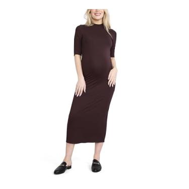 Imagem de Motherhood Maternity Vestido feminino para gravidez maxi com gola redonda e manga no cotovelo, Porta Tawny, P