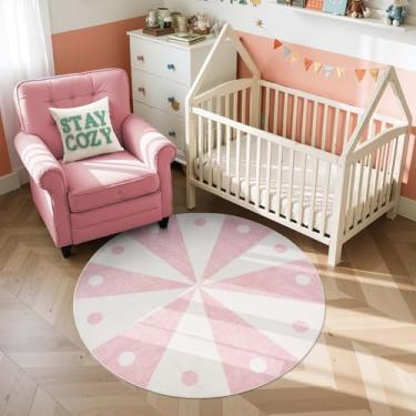 Imagem de jinchan Tapete redondo de 1,5 m rosa claro lavável divertido fofo tapete de sala de jogos antiderrapante círculo alegre tapete macio aconchegante discreto carrossel divertido para presente de crianças